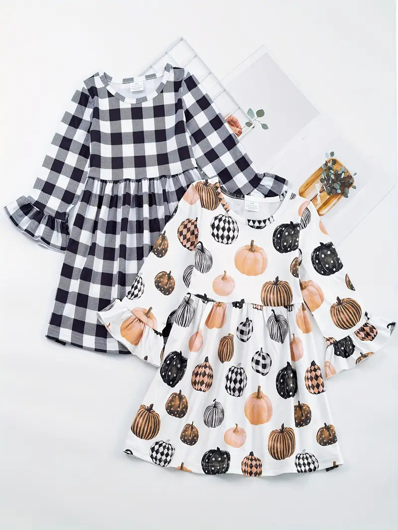 2-Pack: Long Sleeve Twirly Dresses - Plaid/Pumpkin