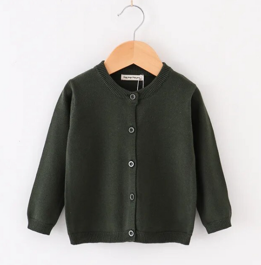 Girls Cotton Knit Button Down Solid Cardigan - Army Green