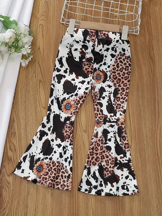 Stockyard Staples: Cow Print/Sunflower/Leopard Print Bell Bottoms