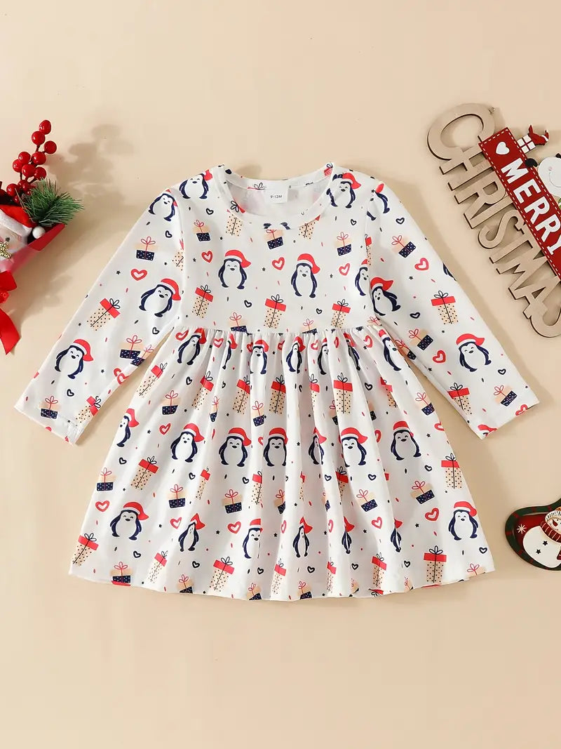 Long Sleeve Twirly Dress - Presents 'n Penguins (Christmas/Winter Holiday)