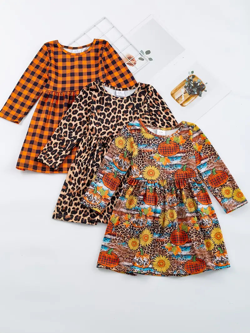 Three-Pack: Long Sleeve Autumn Dresses [Orange Plaid/Leopard Stripe Pumpkin]