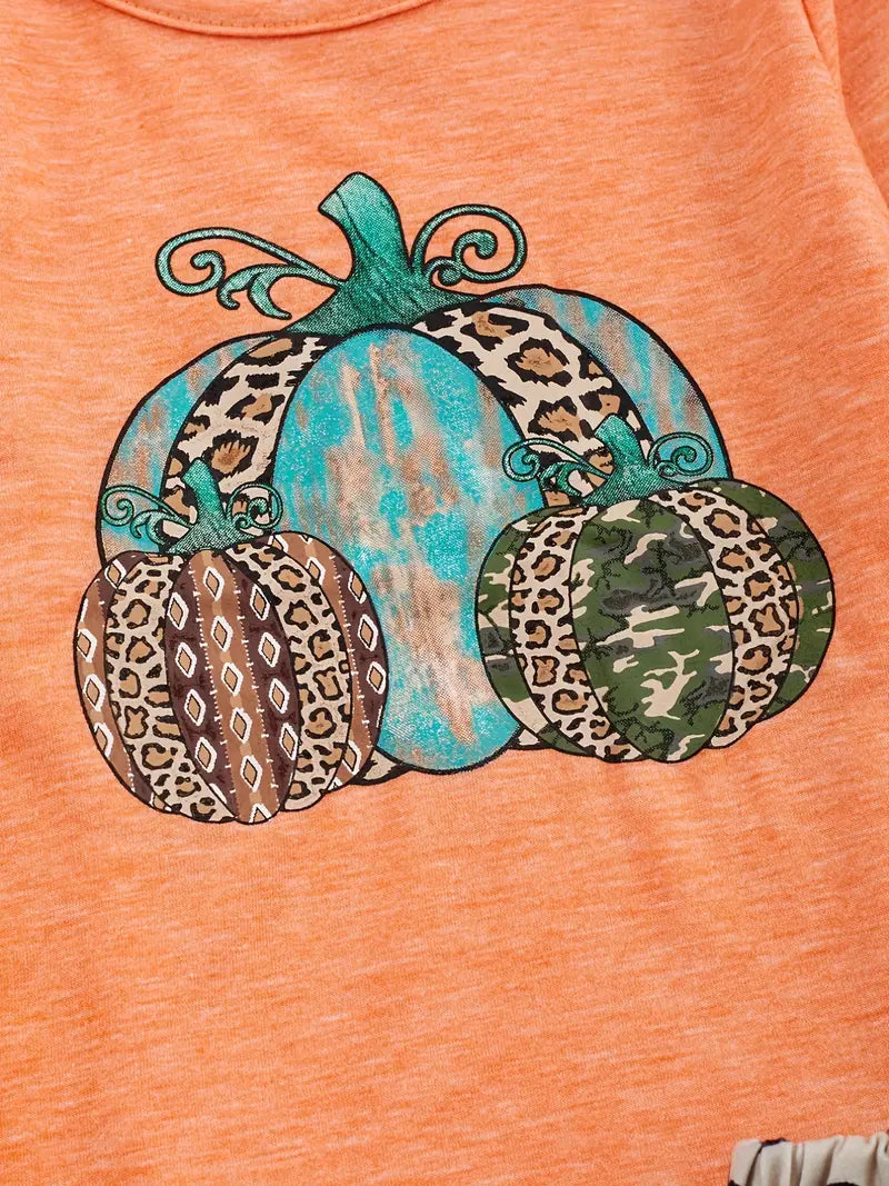 Long Sleeve Ruffle Sleeve Skirt Outfit - Turquoise Camo Leopard Print Pumpkins