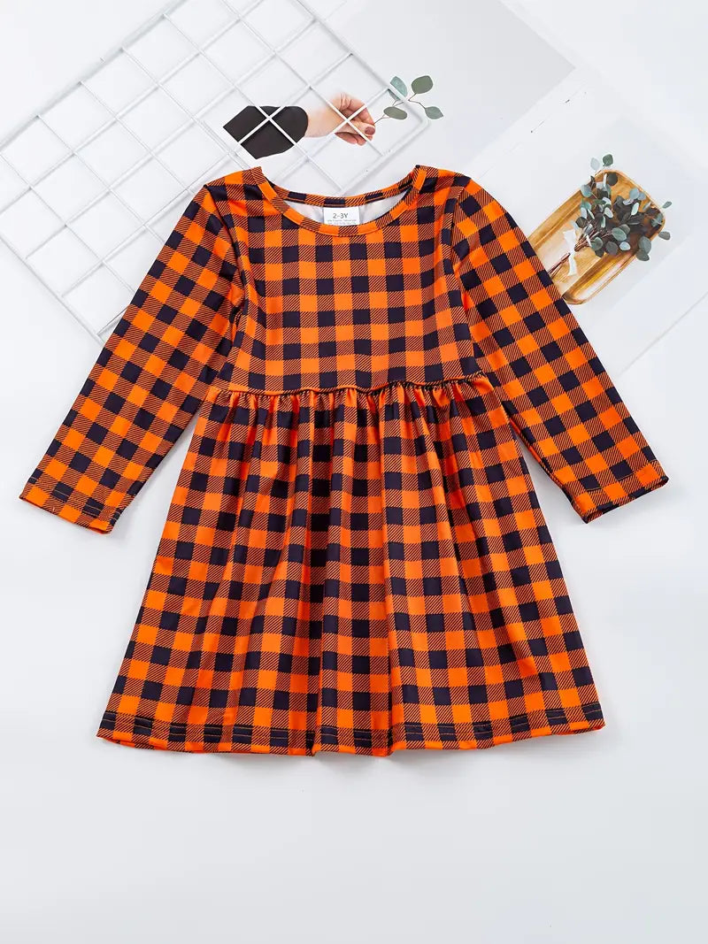 Three-Pack: Long Sleeve Autumn Dresses [Orange Plaid/Leopard Stripe Pumpkin]