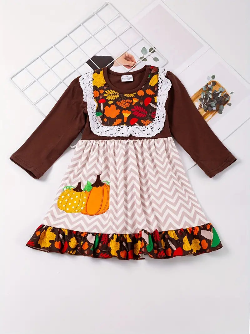 Long Sleeve Deluxe Twirly Dress - Pumpkin Applique Leaves Patchwork Lace Accent