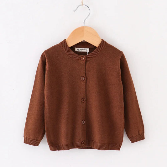 Girls Cotton Knit Button Down Solid Cardigan - Brown