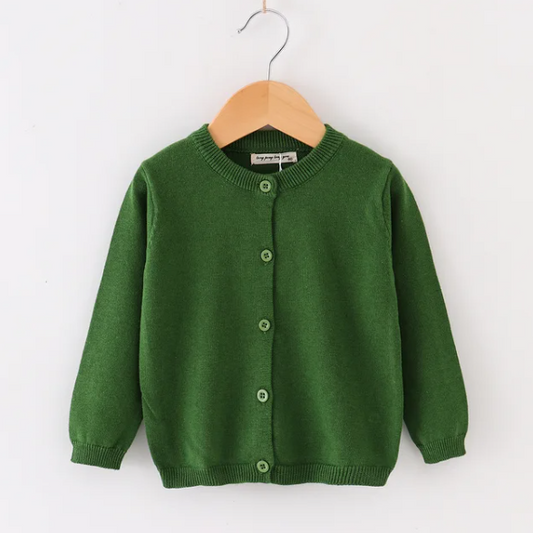 Girls Cotton Knit Button Down Solid Cardigan - Green