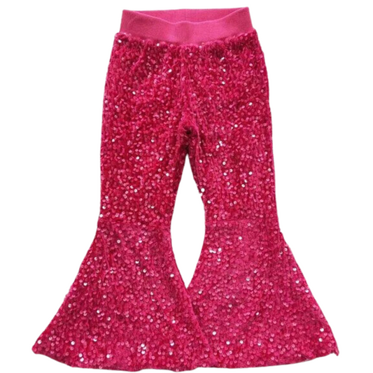 Deluxe Lined Sequin Bell Bottom Flare Pants - Hot Pink