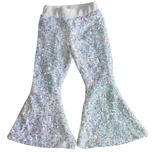 Deluxe Lined Sequin Bell Bottom Flare Pants - White