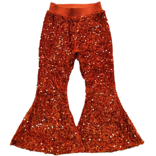 Deluxe Lined Sequin Bell Bottom Flare Pants - Orange