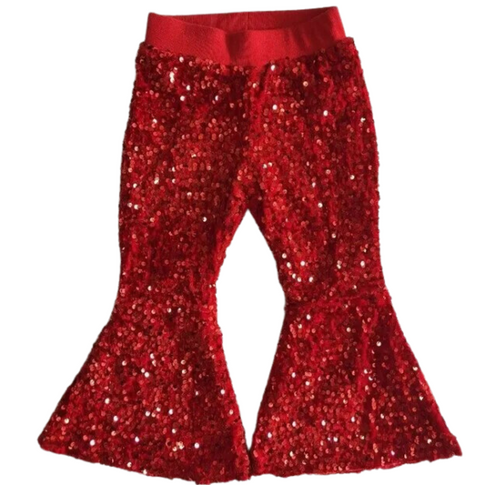 Deluxe Lined Sequin Bell Bottom Flare Pants - True Red