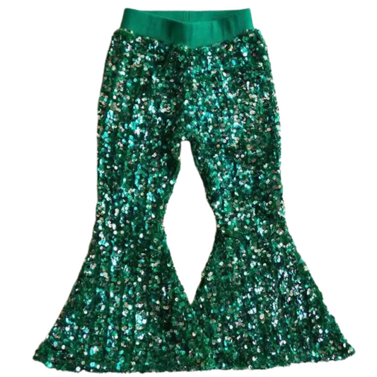 Deluxe Lined Sequin Bell Bottom Flare Pants - True Green