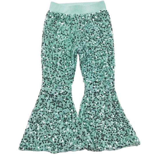 Deluxe Lined Sequin Bell Bottom Flare Pants - Wintergreen