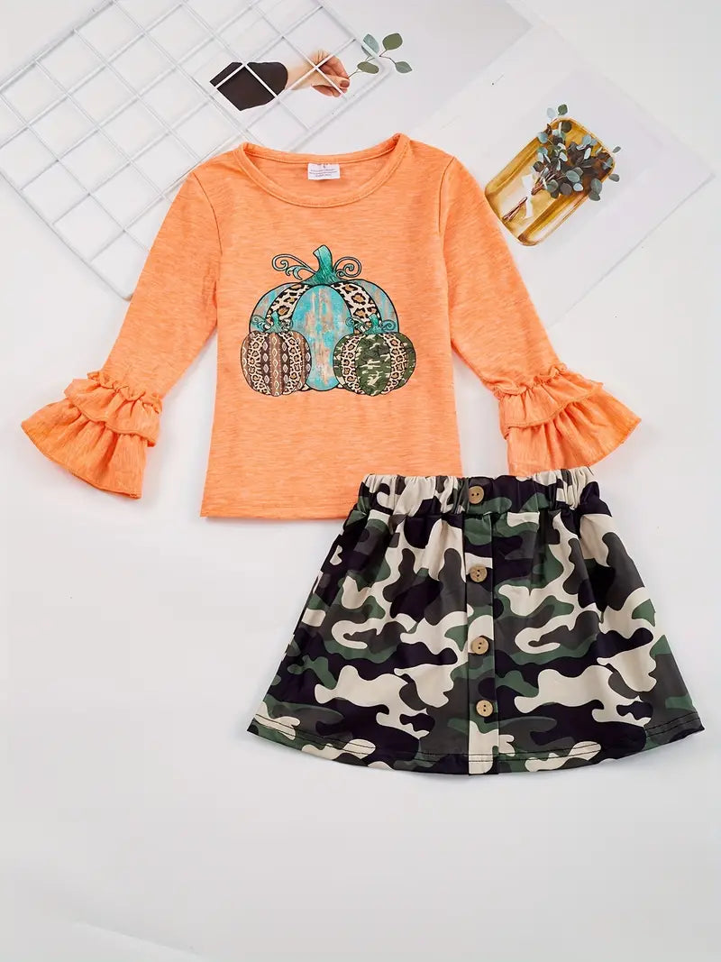 Long Sleeve Ruffle Sleeve Skirt Outfit - Turquoise Camo Leopard Print Pumpkins