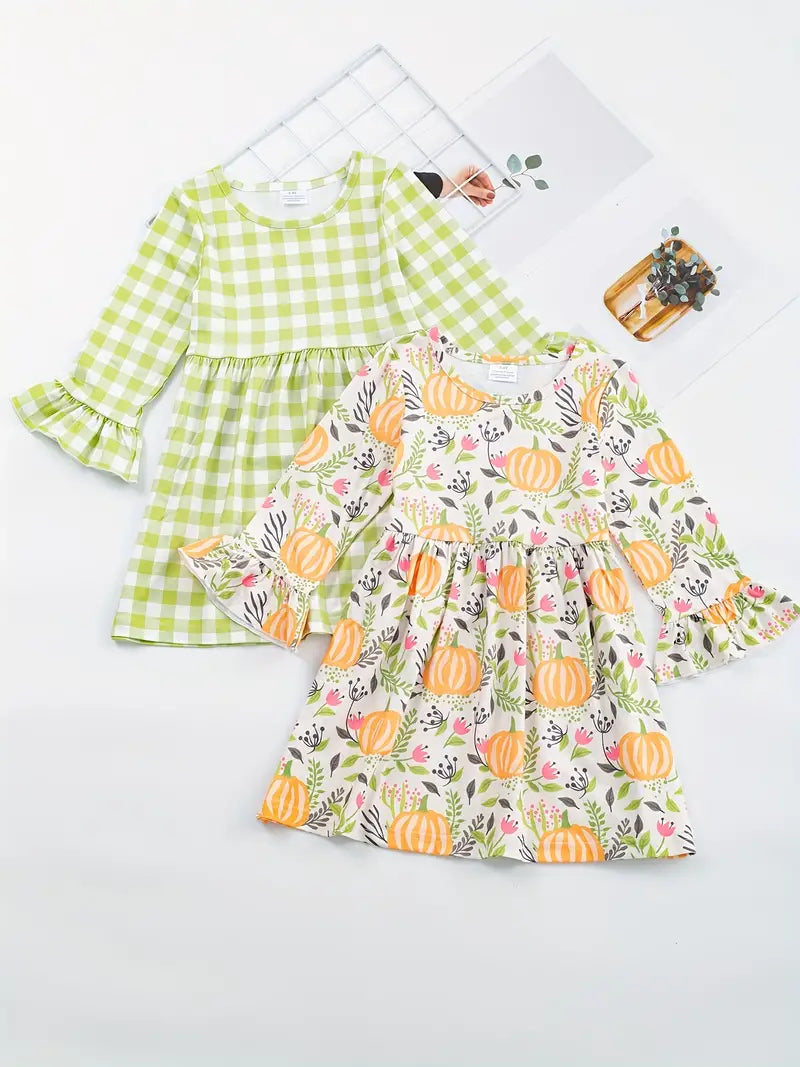 2-Pack: Long Sleeve Twirly Dresses - Green/Pumpkin