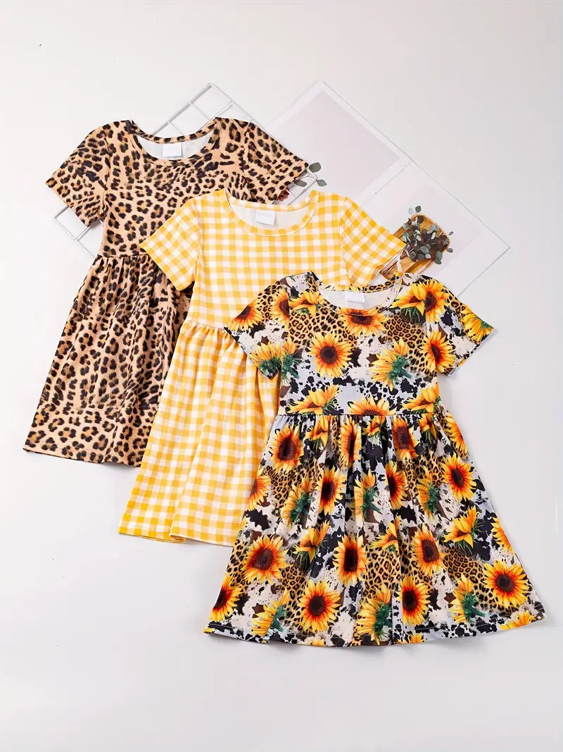Three-Pack: Short Sleeve Twirly Dresses [Yellow, Leopard Print Sunflowers]