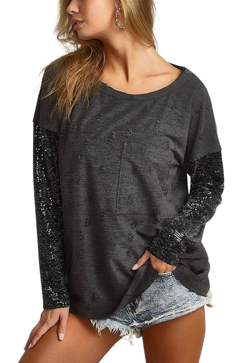 Distressed Knit With Sequins Sleeve Pocket Top