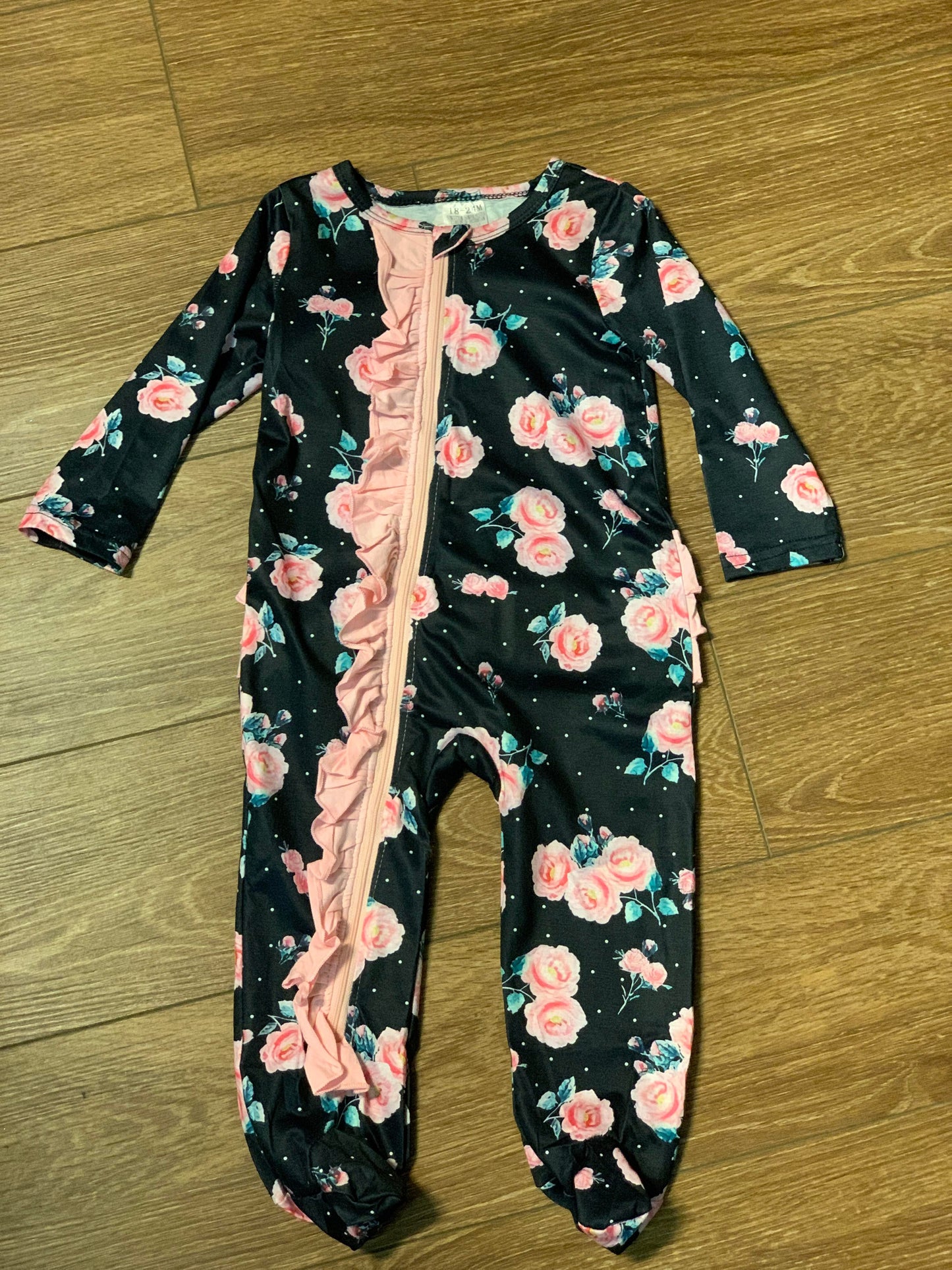 Black/Pink Floral Zip Up Romper with Feet