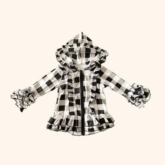 Black and White Plaid Button up Ruffles Jacket