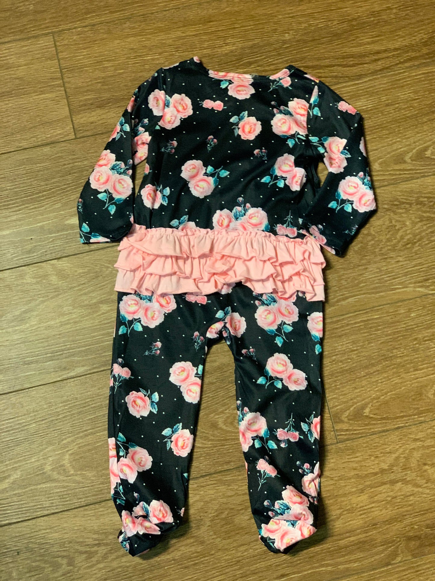 Black/Pink Floral Zip Up Romper with Feet