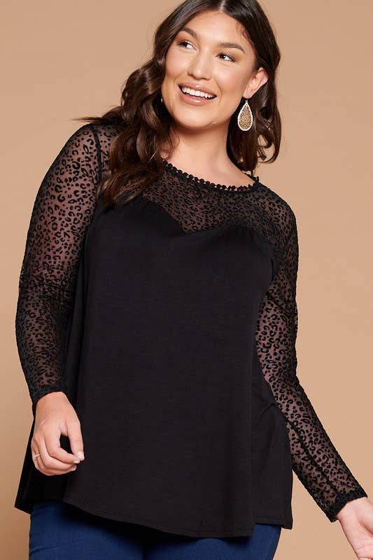 Plus Size Animal Mesh Long Sleeve Swing Top