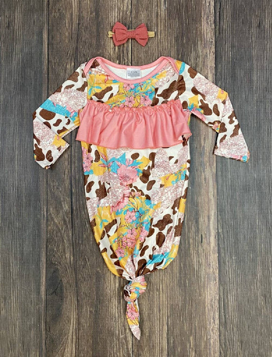Infant Floral & Cow Print Knotted Gown