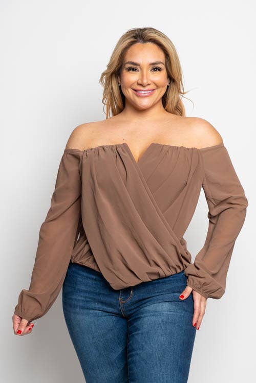 PLUS SIZE CHIFFON OFF THE SHOULDER SURPLICE TOP