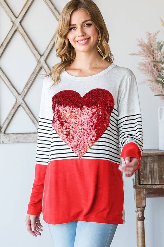 COLOR BLOCK AND STRIPE TOP WITH Sequin Heart