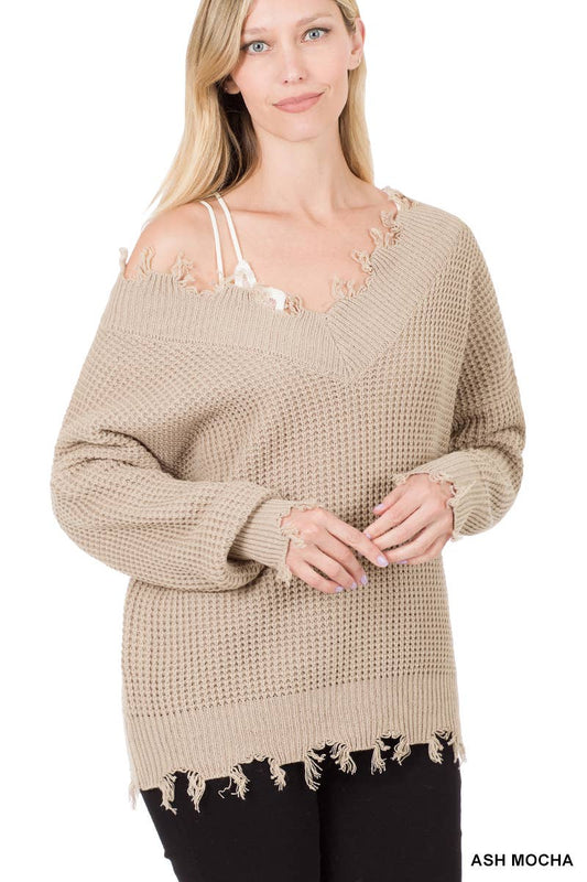 WIDE DOUBLE V NECK DISTRESSED WAFFLE SWEATER