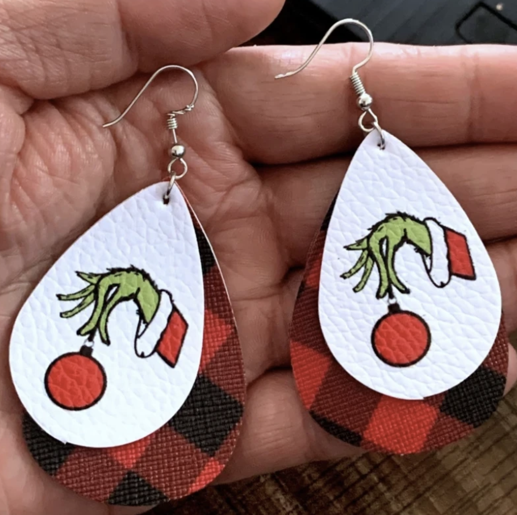 The Grinch Ornament Christmas Faux Leather Earrings