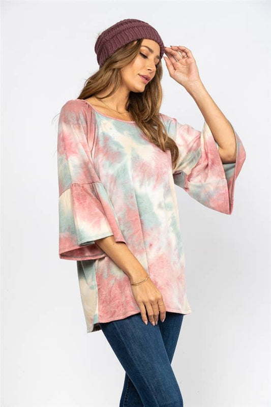 DUSTY PINK AND BLUE TIE DYE OVERSIZE TUNIC TOP