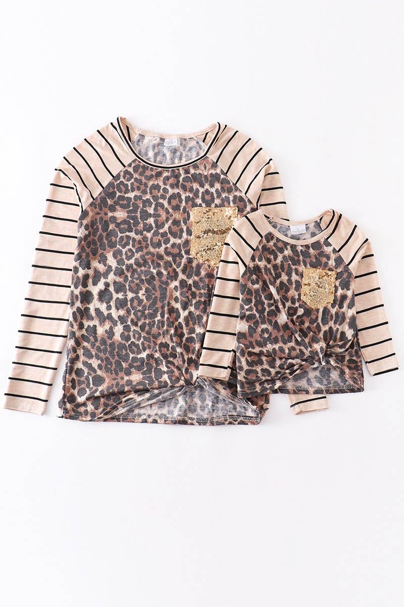 Leopard stripe sequins pocket  mommy & me shirt